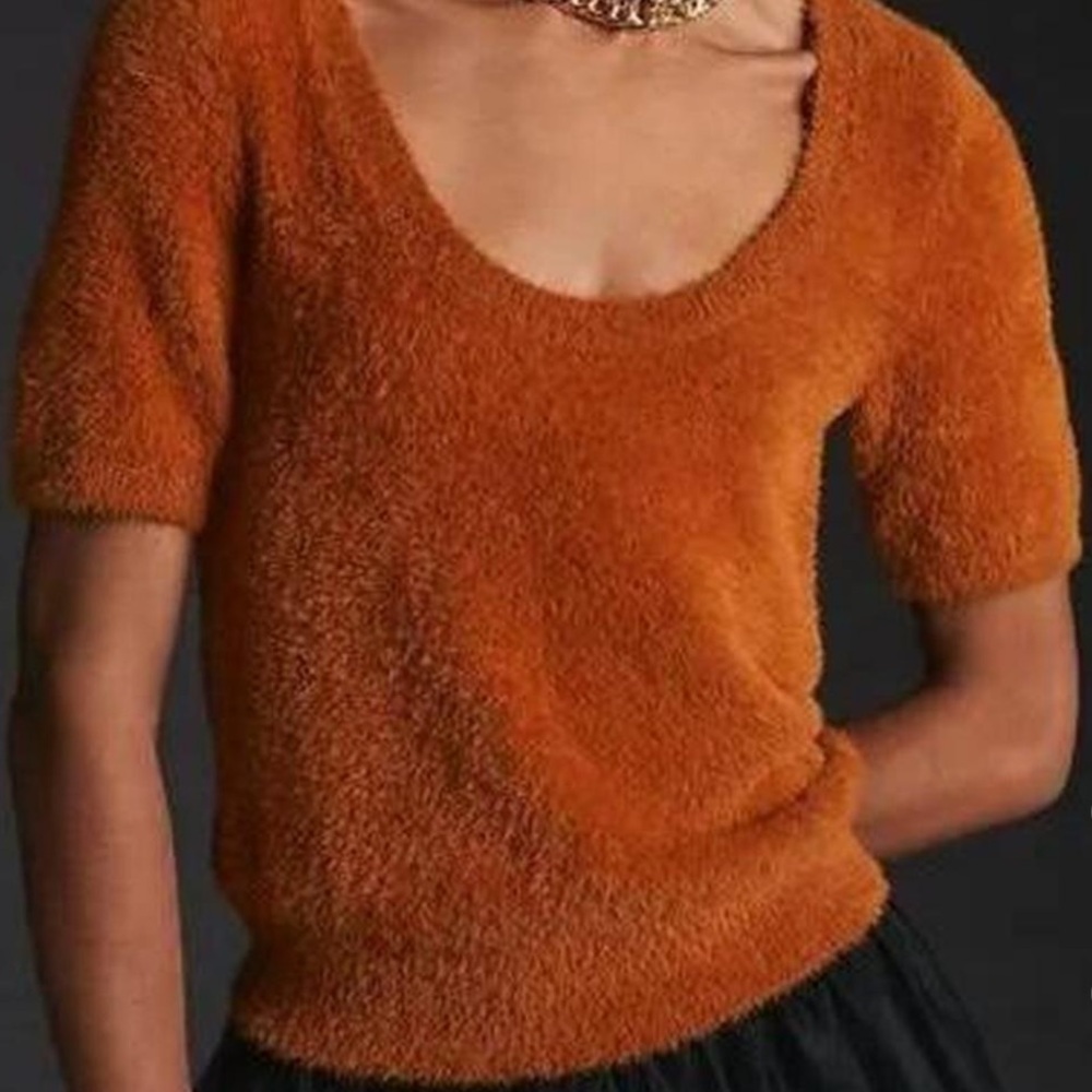 Anthropologie Maeve Eyelash Scoop Neck Rust Fuzzy Sweater Top Size M Medium - Picture 2 of 9